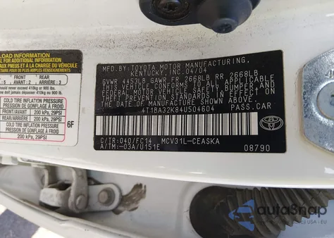 2004 Toyota Camry Se V6 z USA, uszkodzony, nr VIN 4T1BA32K84U504604